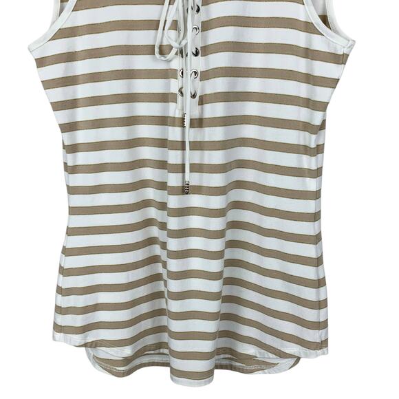 White House Black Market WHBM Tank Top Tan Cream Gold Stripe Lace Up Women's XS - Picture 4 of 6